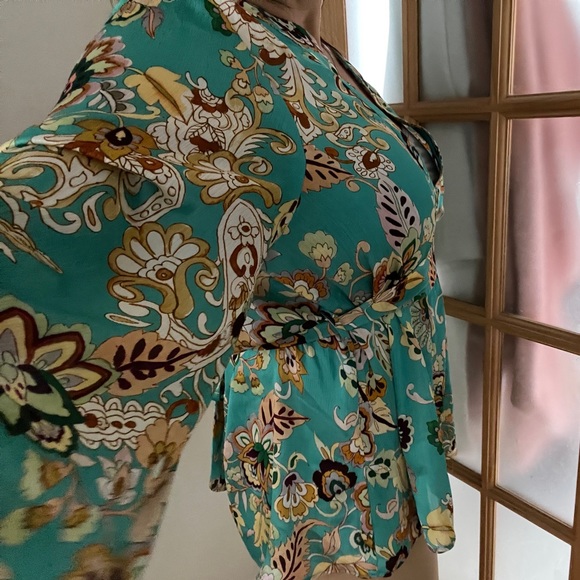 ZARA Boho Floral Kimono Oversized Blouse Top Robe Shirt Turquoise Tie Up Bow XL - Picture 13 of 16